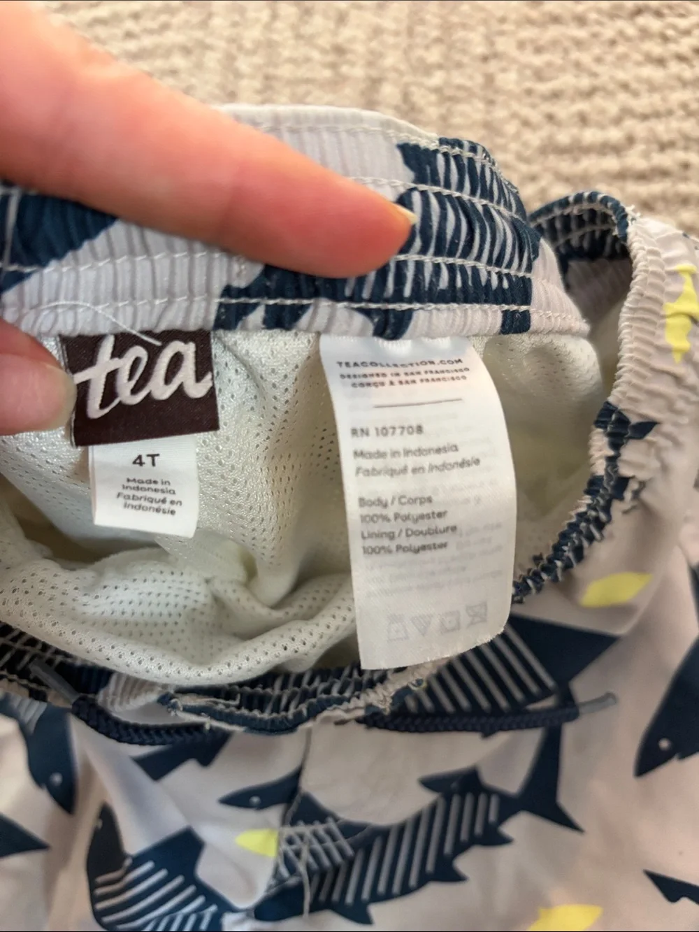 Tea Collection Boys Navy and Light Gray Shark Print Swim Trunks